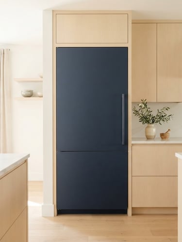 Bright high-key minimalist kitchen interior with a premium matte navy refrigerator integrated into warm cream wood cabinetry, soft natural daylight, 50mm lens, crisp details