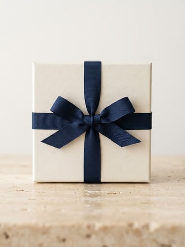 A beautifully packaged premium box with a navy ribbon on a warm cream stone surface, soft side lighting, minimalist studio setting