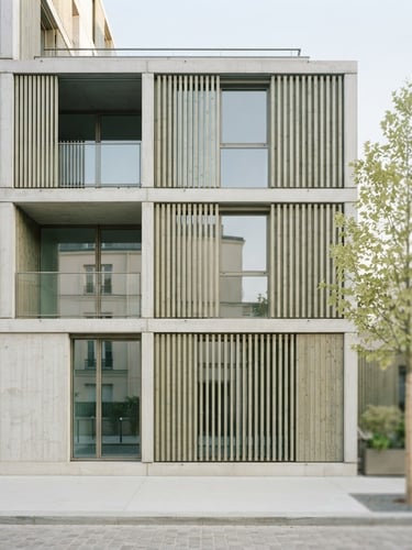 Minimalist architectural photography of a modern concrete and timber building facade in Paris, soft morning daylight, clean white and pale green tones, sharp focus, 35mm lens.