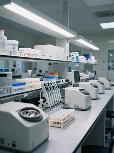 Wide environmental shot of an organized clinical laboratory workspace — orderly rows of sample racks, centrifuges, and pipette stations under bright controlled overhead lighting, no personnel visible, shot from a low angle emphasizing grid-like bench layout