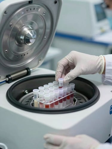 Close-up of a lab technician's gloved hands loading sample tubes into a centrifuge, bright clinical overhead lighting, stainless steel equipment in sharp focus, no faces visible