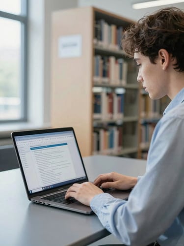 A scholar using a laptop in a modern university library, focused on a screen displaying an academic database, bright natural daylight, cool blue and gray tones, sharp focus.