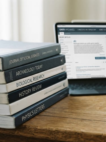 Close-up of academic journals stacked neatly on a wooden table, with a digital tablet displaying an open-access repository interface in the background, bright natural daylight, cool slate and gray tones, sharp focus.