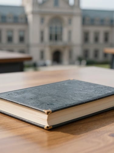 Clean academic photography, bright natural daylight, cool slate and gray tones, sharp focus, 35mm. A medium shot of an old, leather-bound academic journal open on a polished wooden library table, with blurred institutional architecture in the background.