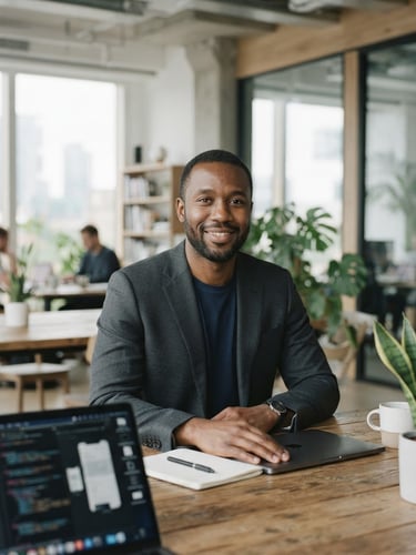 A professional portrait of Christopher Ogusha in a bright modern workspace, natural daylight, soft desaturated tones, professional depth of field, 35mm