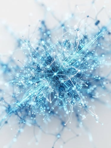 Minimalist 3D render of a complex node network representing active agentic pathways, clean high-key studio lighting, stark white and technical blue tones, macro depth of field