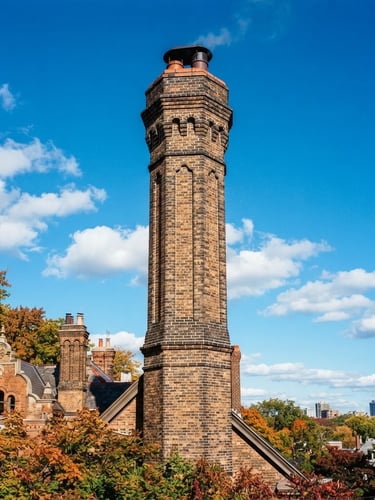 Wide shot of a historic brick chimney with intricate tuckpointing detail, against a crisp autumn sky, high-contrast natural daylight, 35mm lens, bleeding to the right edge.