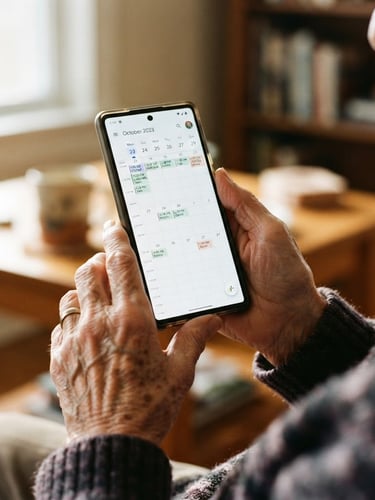 Close-up of warm, wrinkled hands holding a modern smartphone displaying a clear calendar, soft daylight, high contrast, 35mm
