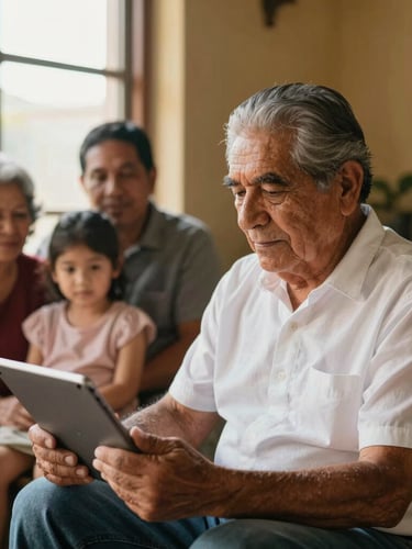 Warm editorial photography, soft natural daylight, a dignified Mexican senior man sitting by a window reading a tablet, warm multi-generational family moment in the background, rich high-contrast tones, 35mm.