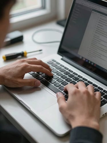 Close-up over-the-shoulder shot of hands pressing keys on a laptop keyboard on a cluttered workbench, a screwdriver and cable visible to the right, cool office daylight from a window left, sharp focus on the fingers and keys