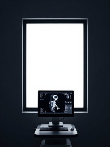 Minimalist corporate photography of a high-contrast medical imaging workstation screen displaying detailed anatomical structures, cool sharp window light, deep navy tones, architectural depth, 35mm lens