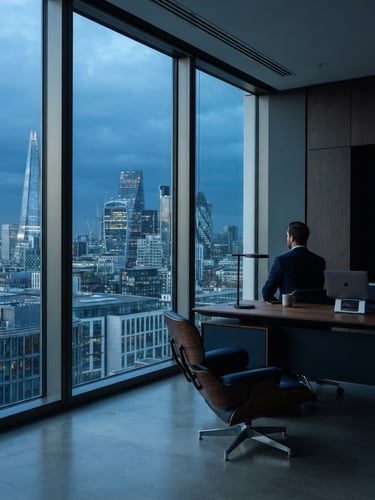 Minimalist corporate photography of a modern high-end consulting office window, cool sharp window light, deep navy and slate tones, architectural depth, 35mm lens