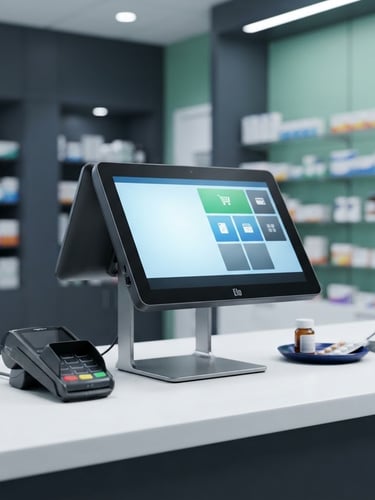Crisp commercial photography of a sleek POS terminal on a clean white pharmacy counter, cool ambient architectural lighting with deep slate and mint tones, sharp focus, 50mm lens.
