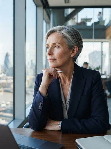 Close-up portrait of a thoughtful executive in a sunlit, modern architectural office in London, looking slightly off-camera, cool tones, sharp focus, 35mm lens