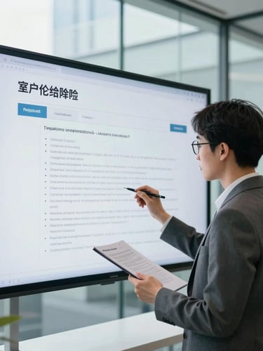 A focused corporate analyst reviewing compliance documentation on a large display in a bright, modern glass office, cool crisp tones