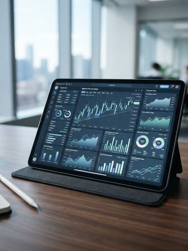 Close-up of a clean, modern workspace with a high-end tablet showing secure analytical data, bright natural daylight, cool corporate tones
