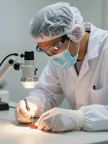 Close-up de um técnico de controle de pragas em Salvador vestindo EPI branco imaculado, inspecionando com precisão o rodapé de uma sala clara usando uma lanterna clínica.
