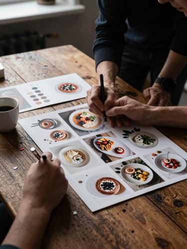 Behind-the-scenes photo of Pomodoro team planning a visual mood board on a rustic wooden table, soft natural side-light, deep rich tones, high contrast, Scandinavian aesthetic.