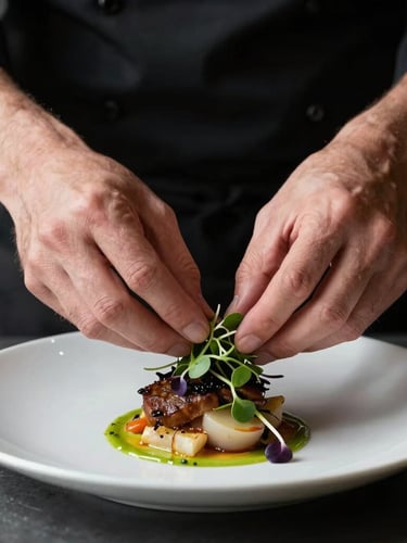 A chef's hands carefully placing a microgreen garnish on a beautifully plated dish, soft natural side-light with high contrast shadows, editorial food photography, 50mm lens.