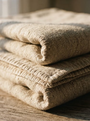 Macro detail shot of heavy-weight folded Belgian linen blankets, showing edge stitching, warm low-angle afternoon window light, soft shadows