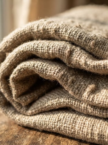 Macro detail shot of folded heavy-weight Belgian linen blanket in oatmeal and raw plaster tones, low-angle afternoon window light casting deep soft shadows, rich raw texture of thick threads visible, shallow depth of field