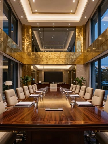 Wide architectural shot of a modern Hanoi luxury hotel boardroom, crisp evening illumination, gold accents reflecting on dark polished wood, 35mm lens