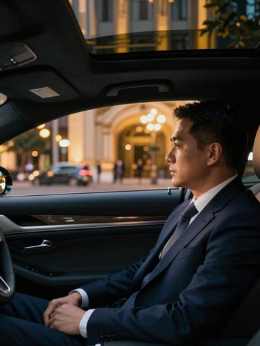 Sleek luxury sedan interior, executive passenger in sharp suit looking out at Saigon evening lights, crisp reflections, premium editorial lighting, 35mm lens