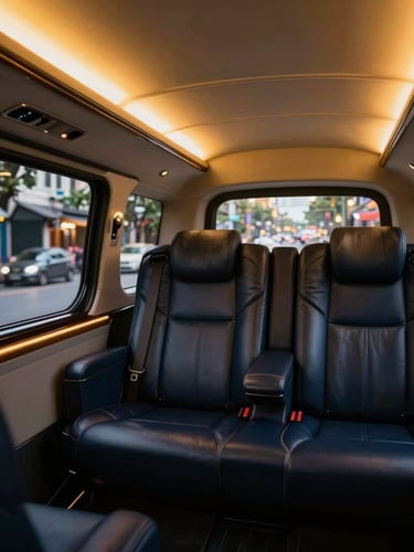 Interior of a luxury private transport vehicle, sleek leather seats, warm gold ambient lighting, crisp evening view of Hanoi streets blurred through the window, portrait aspect