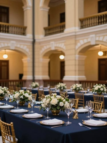 Crisp evening event lighting illuminating a beautifully arranged corporate gala dinner table inside a historic Hanoi colonial building, warm gold accents, premium editorial photography