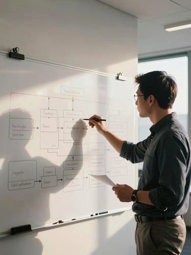 A collaborative whiteboarding session in a bright, modern office. Two professionals discussing a clean flowchart, warm sunlight streaming through large windows, clean architectural lines.