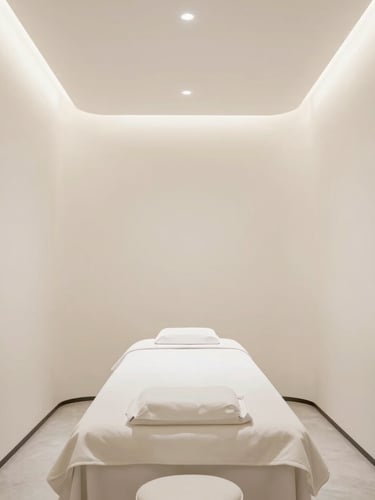 Bright editorial architectural shot of a modern luxury medical spa interior, treatment room with clean lines, soft clinical daylight, minimalist luxury aesthetic
