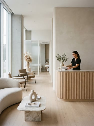 Bright editorial photography of a minimalist luxury medical spa lobby, soft clinical daylight, clean architectural lines, 35mm