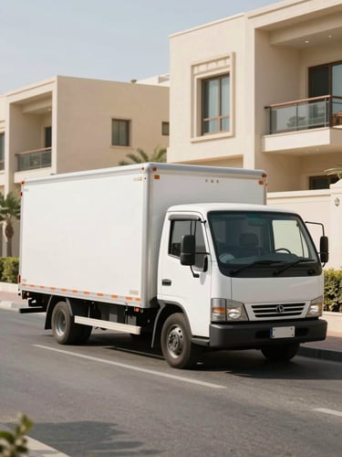 A professional moving truck parked on a clean, sunlit Jumeirah residential street, with modern villa architecture in the background, warm editorial style, 35mm.