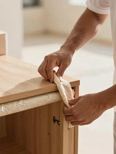 Close-up of hands in clean professional uniforms carefully wrapping a delicate wooden cabinet with thick protective padding, warm natural lighting, 35mm.
