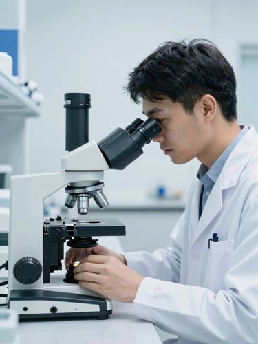 A focused clinical pathologist in a clean white coat operating a high-precision microscope, sterile white backdrop, cool-toned daylight