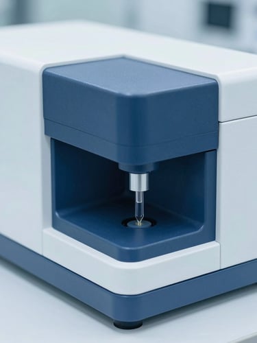 Macro shot of high-end clinical analyzer, bright sterile laboratory lighting, cool blue and white tones, sharp focus, 35mm