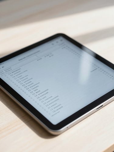 Close-up of a digital ledger on a tablet resting on a clean wooden desk, bright natural daylight, soft slate gray shadows, professional atmosphere.