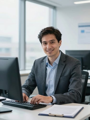 A clean bright editorial portrait of a professional UK accountant working in a modern daylight-filled workspace, cool blue tones, sharp focus.