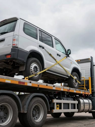 Low-angle heroic shot of a heavy-duty flatbed towing truck securing a modern vehicle with tension straps, overcast steel daylight, industrial textures.