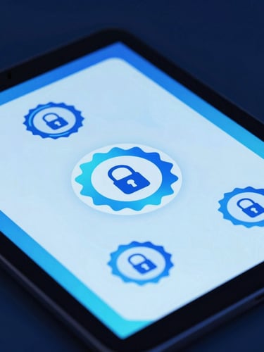 Close-up of a high-tech tablet screen displaying a digital certification badge with official security seals, cool blue and cyan backlighting, sharp focus