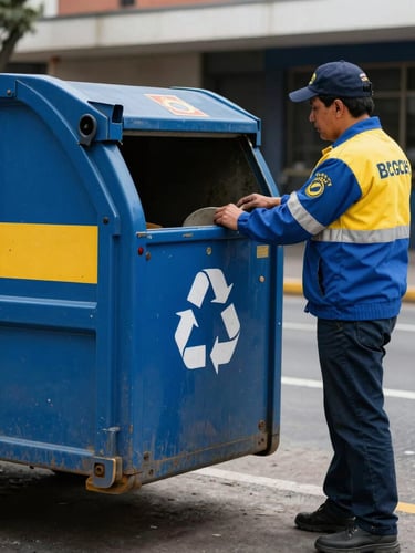 Plano medio de un reciclador de oficio de Bogotá con uniforme oficial azul y amarillo al lado de su vehículo de recolección, luz clara de Bogotá.