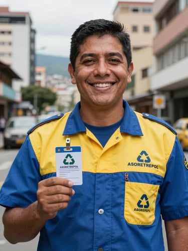 Plano medio a la altura de los ojos de un reciclador de oficio en Bogotá, sonriendo con orgullo, vistiendo su uniforme oficial azul y amarillo de ASORETREPOL, sosteniendo su carnet de identificación institucional, luz de día clara de Bogotá, fondo urbano de la ciudad.