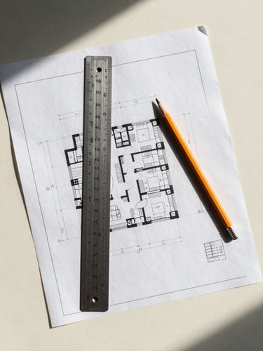Close overhead flat-lay of architectural blueprints and cadastral survey documents on a warm ivory surface, a precision ruler and pencil resting diagonally across the sheets, sharp studio light from the upper left casting soft shadows along the document edges, no people