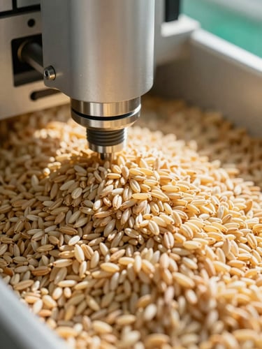 Close-up macro shot of advanced optical color sorting machinery in a rice milling factory, separating grains, clean high-key lighting, industrial precision, rich emerald and warm gold tones, sharp depth of field, 35mm editorial agricultural photography.