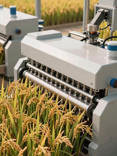 High-angle shot of modern rice milling machinery in a clean, well-lit facility, with focus on precision and automation, crisp, high-key lighting, editorial agricultural photography.