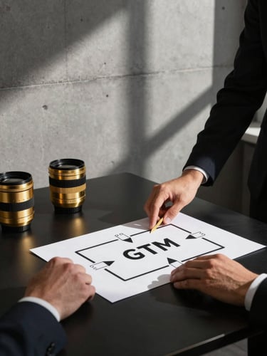 Executive planning session, architectural shadows on a concrete wall, hands mapping a GTM framework on a clean black desk, high-contrast lighting, gold accents, 35mm lens.