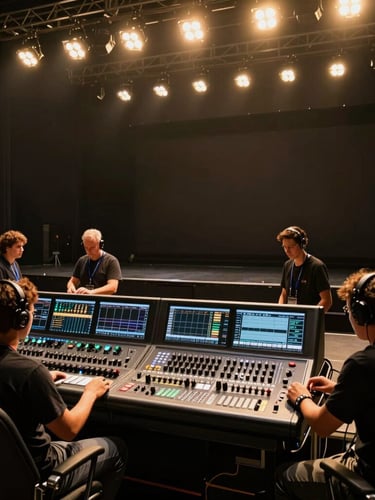 Dynamic wide shot of professional stage production crew behind a massive soundboard, high-contrast stage lighting, warm gold and deep charcoal tones, sharp focus, 35mm lens.