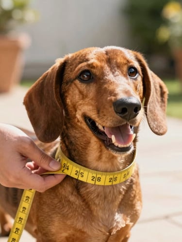 Bright editorial pet photography, close-up of a happy dachshund being gently measured with a yellow tape measure on a sunny patio, warm natural daylight.