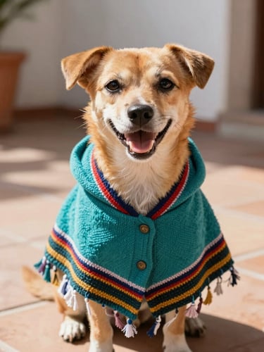 Close-up of a happy small dog wearing a colorful hand-woven teal poncho, sitting on a sunny tiled Mexican patio, warm natural light, shallow depth of field