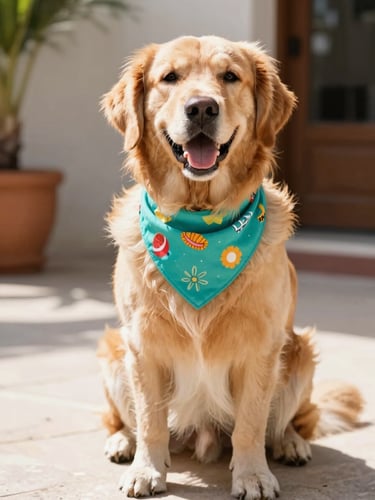 A happy golden retriever sitting on a sunny patio in Mexico, wearing a colorful custom-tailored teal pet bandana, bright natural daylight, warm tones, shallow depth of field, 50mm lens.